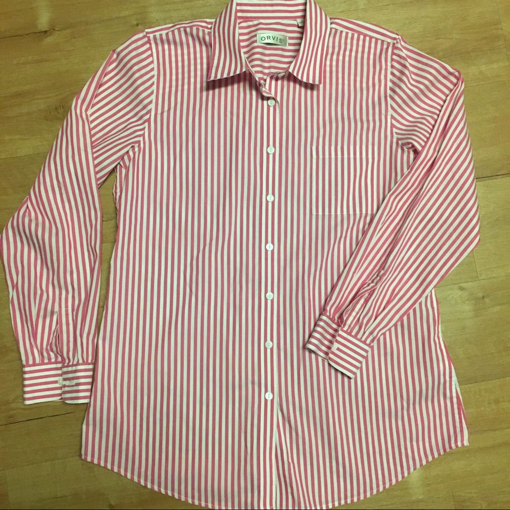 Orvis Striped Button Down 100% Cotton Shirt with pink and white stripes